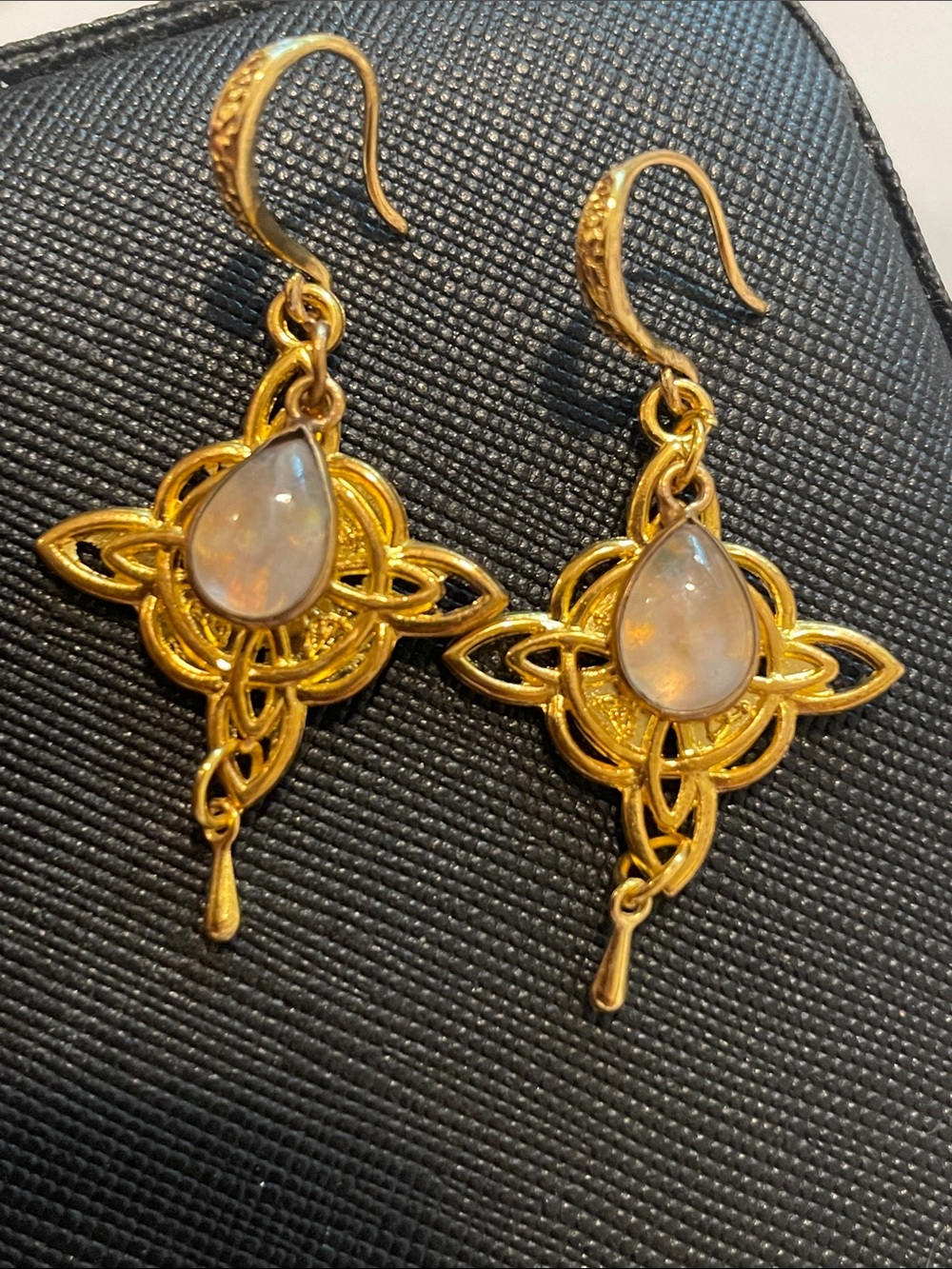 Gold-tone Celtic Drop Earrings with Teardrop Moonstone